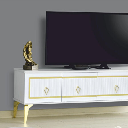 Vina Tv Sehpası Beyaz Gold 4 Kapaklı Çizgili Kulplu Metal Ayaklı 160x36x50 Cm