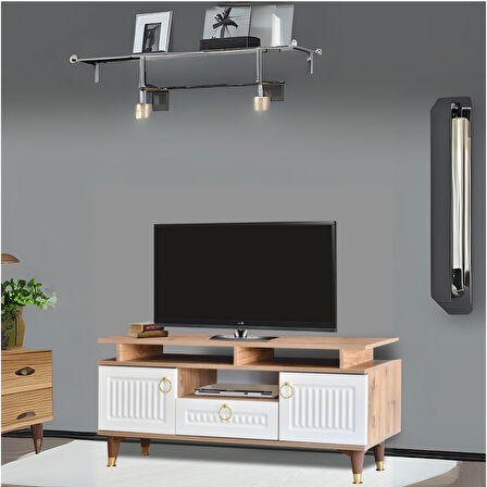 Pera TV Sehpası Atlantik Çam Krem Renkli 2 Kapaklı 1 Çekmeceli Raflı Üst Panel 130x59x36 Cm