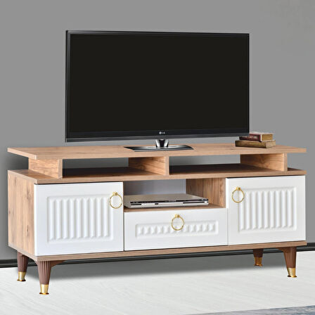 Pera TV Sehpası Atlantik Çam Krem Renkli 2 Kapaklı 1 Çekmeceli Raflı Üst Panel 130x59x36 Cm
