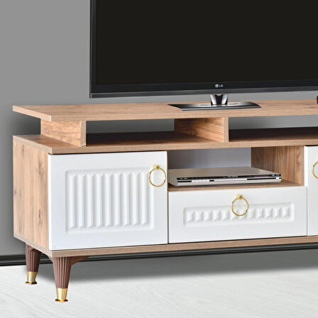 Pera TV Sehpası Atlantik Çam Krem Renkli 2 Kapaklı 1 Çekmeceli Raflı Üst Panel 130x59x36 Cm