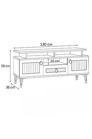 Pera TV Sehpası Atlantik Çam Krem Renkli 2 Kapaklı 1 Çekmeceli Raflı Üst Panel 130x59x36 Cm