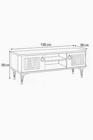 Eva Tv Sehpası Beyaz Gold Kulplu Kapaklı Raflı Yüksek Ayaklı Sehpa 130x36x50 Cm
