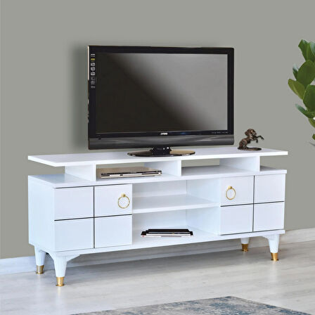 Mega Tv Sehpası Beyaz 2 Kapaklı Raflı Gold Detaylı Sehpa 130x36x59 Cm