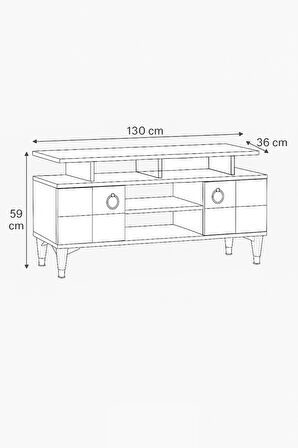 Mega Tv Sehpası Beyaz 2 Kapaklı Raflı Gold Detaylı Sehpa 130x36x59 Cm