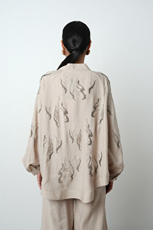 Kadın Arkası Ve Kolları Taş İşlemeli Oversize Kimono