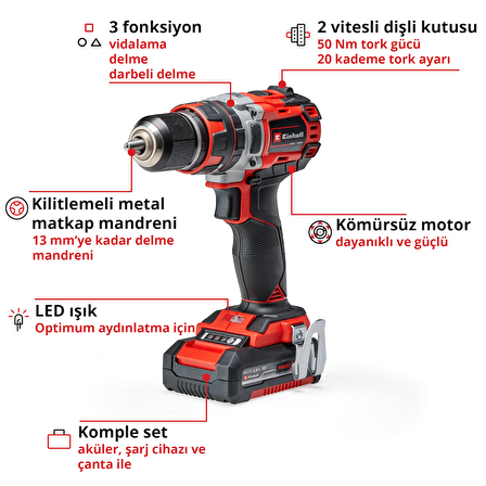 Einhell Professional Akülü Darbeli Vidalama TP-CD 18/50 Li-i BL Kit Power X-Change (18 V, kömürsüz, 50 Nm, darbeli delme fonksiyonu, 2x 2,0 Ah akü + şarj cihazı dahildir)