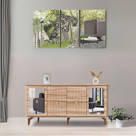 Tuna Konsol Atlantik Çam Yanları Aynalı Gold Halkalı Kulplu 4 Kapaklı Konsol 160x44x82 cm
