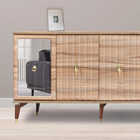 Tuna Konsol Atlantik Çam Yanları Aynalı Gold Halkalı Kulplu 4 Kapaklı Konsol 160x44x82 cm