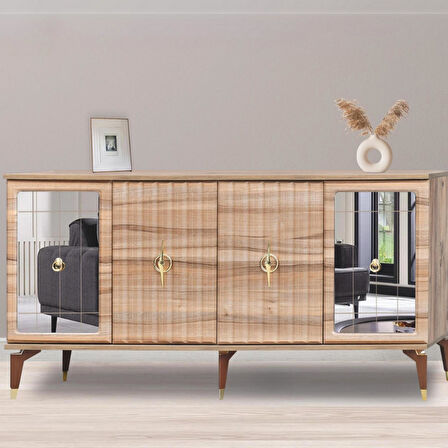Tuna Konsol Atlantik Çam Yanları Aynalı Gold Halkalı Kulplu 4 Kapaklı Konsol 160x44x82 cm