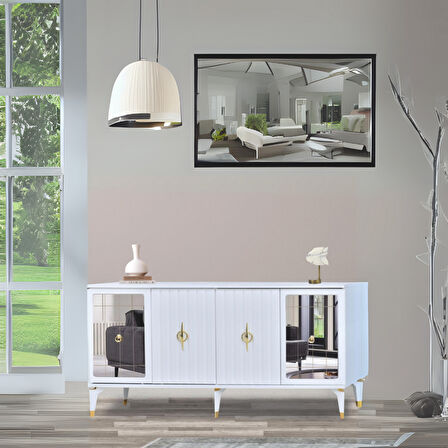 Tuna Konsol Beyaz Yanları Aynalı Gold Halkalı Kulplu 4 Kapaklı Konsol 160x44x82 cm
