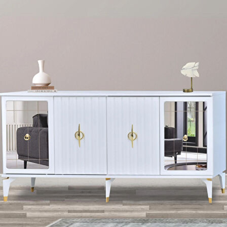 Tuna Konsol Beyaz Yanları Aynalı Gold Halkalı Kulplu 4 Kapaklı Konsol 160x44x82 cm