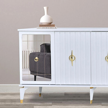 Tuna Konsol Beyaz Yanları Aynalı Gold Halkalı Kulplu 4 Kapaklı Konsol 160x44x82 cm