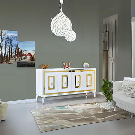 Ala Beyaz Gold Konsol 4 Kapaklı Pramit Ayaklı Gold Detaylı 164x80x44 Cm