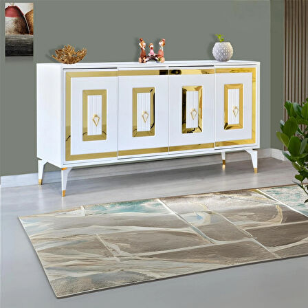 Ala Beyaz Gold Konsol 4 Kapaklı Pramit Ayaklı Gold Detaylı 164x80x44 Cm