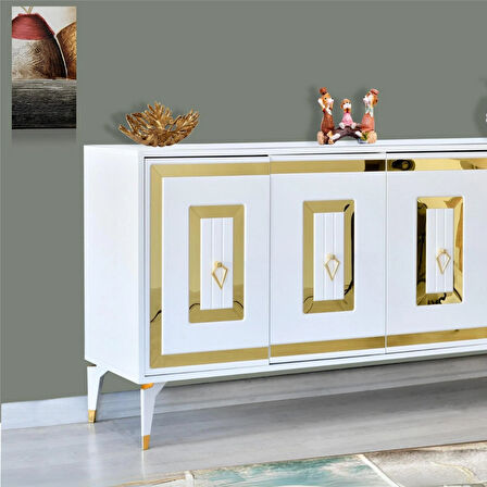 Ala Beyaz Gold Konsol 4 Kapaklı Pramit Ayaklı Gold Detaylı 164x80x44 Cm