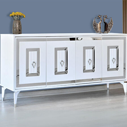 Ala Beyaz Gümüş Şerit Detaylı Konsol 4 Kapaklı Mebran 164x44x80 Cm