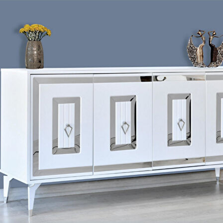 Ala Beyaz Gümüş Şerit Detaylı Konsol 4 Kapaklı Mebran 164x44x80 Cm