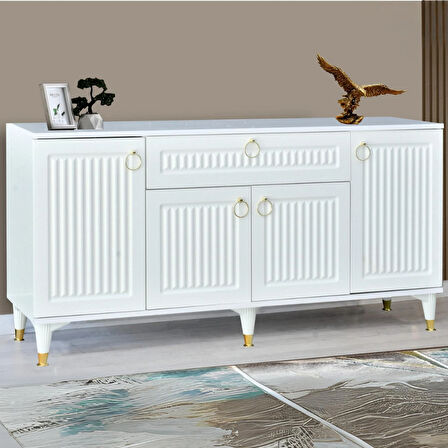 Arya Konsol 4 Kapaklı 1 Çekmeceli beyaz Gold Detaylı 160x80x44 Cm