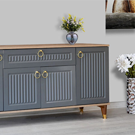 Arya Konsol 4 Kapaklı 1 Çekmeceli Beyaz Atlantik Çam Gold Detaylı 160x80x44 Cm