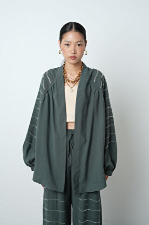 Kadın Arkası Ve Kolları Yatay Taş İşlemeli Oversize Kesim Kimono
