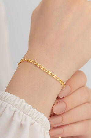 18 Ayar Gerçek Altın Kaplama Kararmayan 3 Mm Kalınlıkta Figaro Model Kadın Gümüş Bileklik