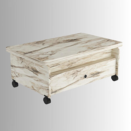 Serra Akıllı Sehpa Efes Mermer Desenli Tekerlekli Çift Çekmeceli 4 Kademe Fonksiyonlu 90x67 Cm