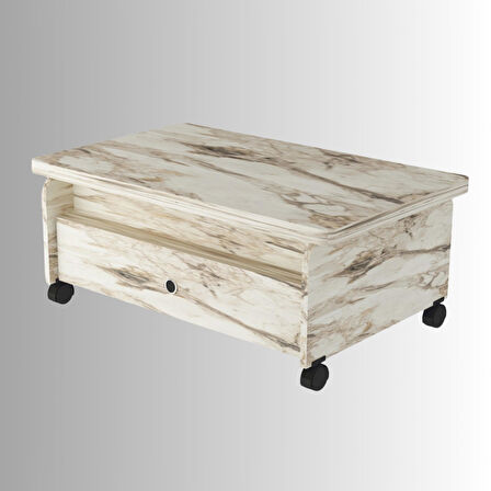 Serra Akıllı Sehpa Efes Mermer Desenli Tekerlekli Çift Çekmeceli 4 Kademe Fonksiyonlu 90x67 Cm