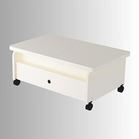 Serra Akıllı Sehpa Beyaz Renkli Tekerlekli Açılır Kapanır 2 Çekmeceli Fonksiyonlu Tabela 90x60 Cm