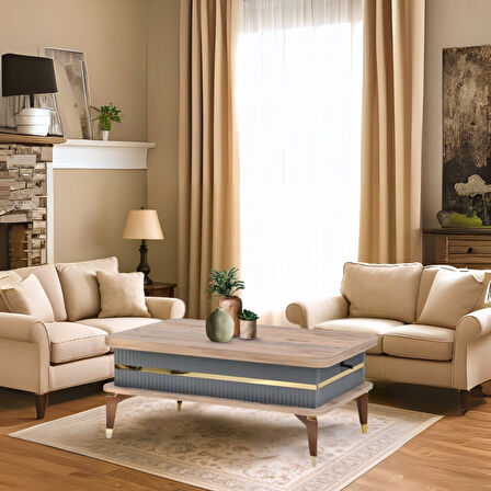 Riva Akıllı Sehpa Atlantik Çam Antrasit Gold Açılır Kapanır Fonksiyonel Sehpa 90x60 Cm