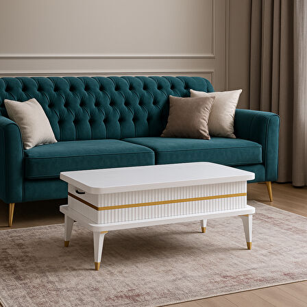 Riva Akıllı Sehpa Beyaz Gold 4 Fonksiyonlu Mebran Kaplama Modern Tasarım 90x39x60 Cm