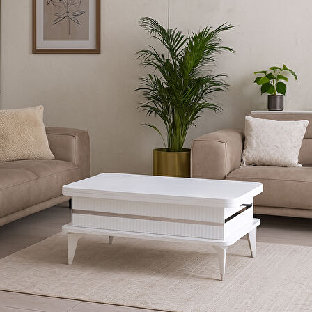 Riva Akıllı Sehpa Kademeli Açılır Fonksiyonel Beyaz Gümüş Mebran Kaplama Modern Tasarım 90x39x60 Cm