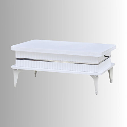 Riva Akıllı Sehpa Kademeli Açılır Fonksiyonel Beyaz Gümüş Mebran Kaplama Modern Tasarım 90x39x60 Cm