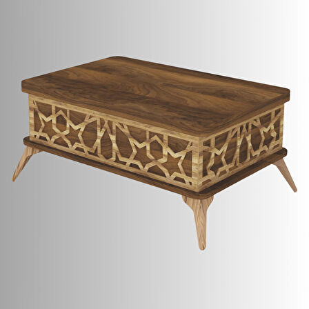 Zeren Akıllı Sehpa Ceviz Desenli Lazer Kesim Kapaklı Çok Fonksiyonlu Masa 90x60 Cm