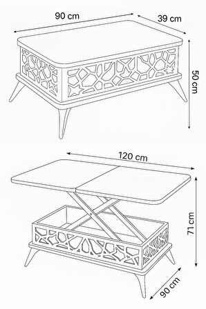 Zeren Lazer Desenli Akıllı Sehpa Beyaz Renkli Ahşap Ayaklı Çok Amaçlı Açılır Kapanır 90x39x60 Cm