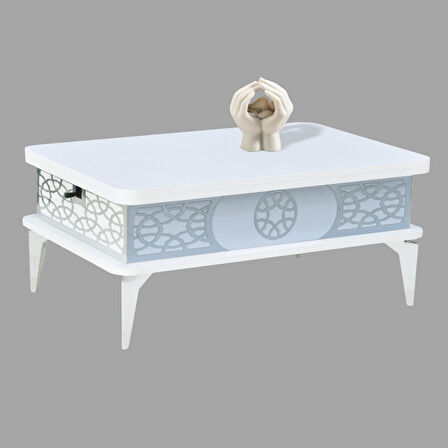 Lily Kademeli Akıllı Sehpa Beyaz Gümüş Lazer Desenli 4 Fonksiyonlu 90x60 Cm