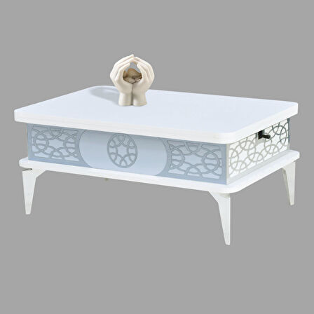 Lily Kademeli Akıllı Sehpa Beyaz Gümüş Lazer Desenli 4 Fonksiyonlu 90x60 Cm