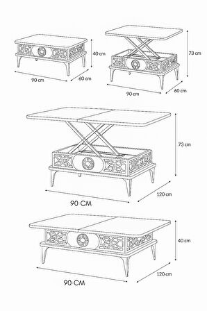 Lily Kademeli Akıllı Sehpa Beyaz Gümüş Lazer Desenli 4 Fonksiyonlu 90x60 Cm