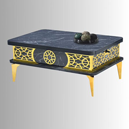Lily Akıllı Sehpa Siyah Mermer Gold Desenli Çok Amaçlı Fonksiyonel Sehpa 90x60Cm
