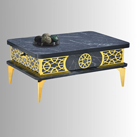 Lily Akıllı Sehpa Siyah Mermer Gold Desenli Çok Amaçlı Fonksiyonel Sehpa 90x60Cm