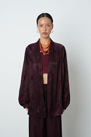 Kadın Bordo Çiçek Desenli Oversize Tesettür Kimono