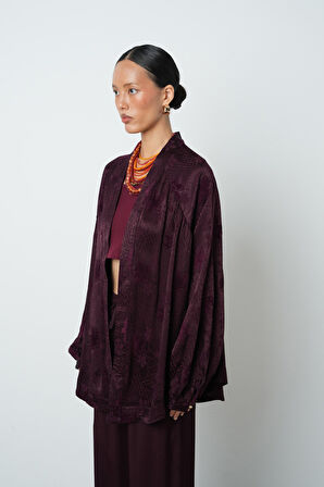 Kadın Bordo Çiçek Desenli Oversize Tesettür Kimono