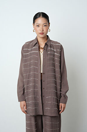 Kadın Yatay Şerit Taş İşlemeli Düz Renk Oversize Gömlek