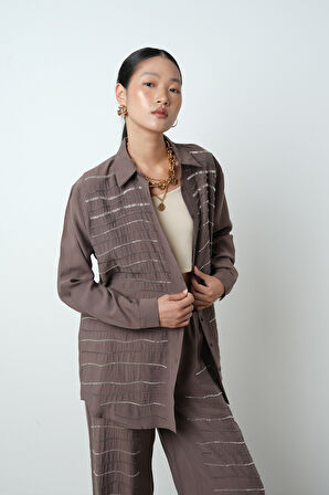 Kadın Yatay Şerit Taş İşlemeli Düz Renk Oversize Gömlek