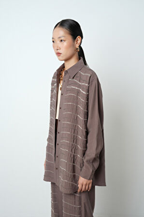 Kadın Yatay Şerit Taş İşlemeli Düz Renk Oversize Gömlek