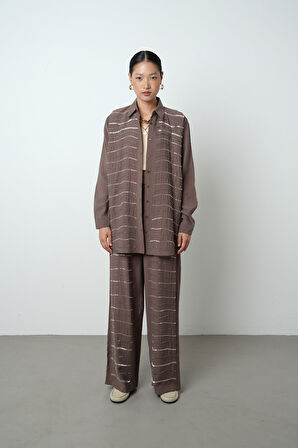 Kadın Yatay Şerit Taş İşlemeli Düz Renk Oversize Gömlek