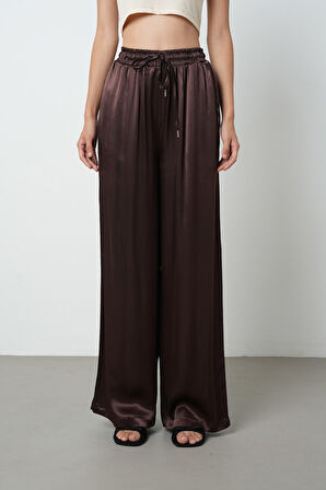 Kadın Kahverengi Düz %100 Viskoz Bol Paça Beli Lastikli Pantolon