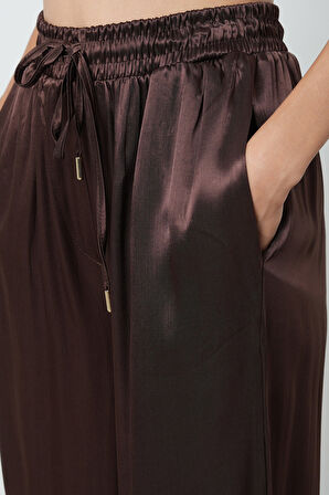 Kadın Kahverengi Düz %100 Viskoz Bol Paça Beli Lastikli Pantolon