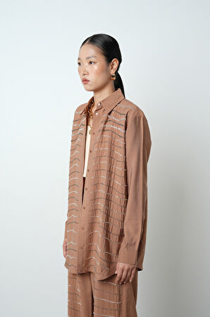 Kadın Yatay Şerit Taş İşlemeli Düz Renk Oversize Gömlek