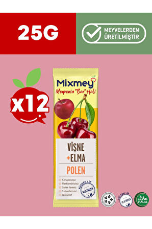 Mixmey Bee Polenli Vişne Meyve Bar 12 Adet | Glutensiz Sağlıklı Atıştırmalık - 25gr X 12 Adet
