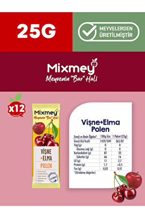 Mixmey Bee Polenli Vişne Meyve Bar 12 Adet | Glutensiz Sağlıklı Atıştırmalık - 25gr X 12 Adet